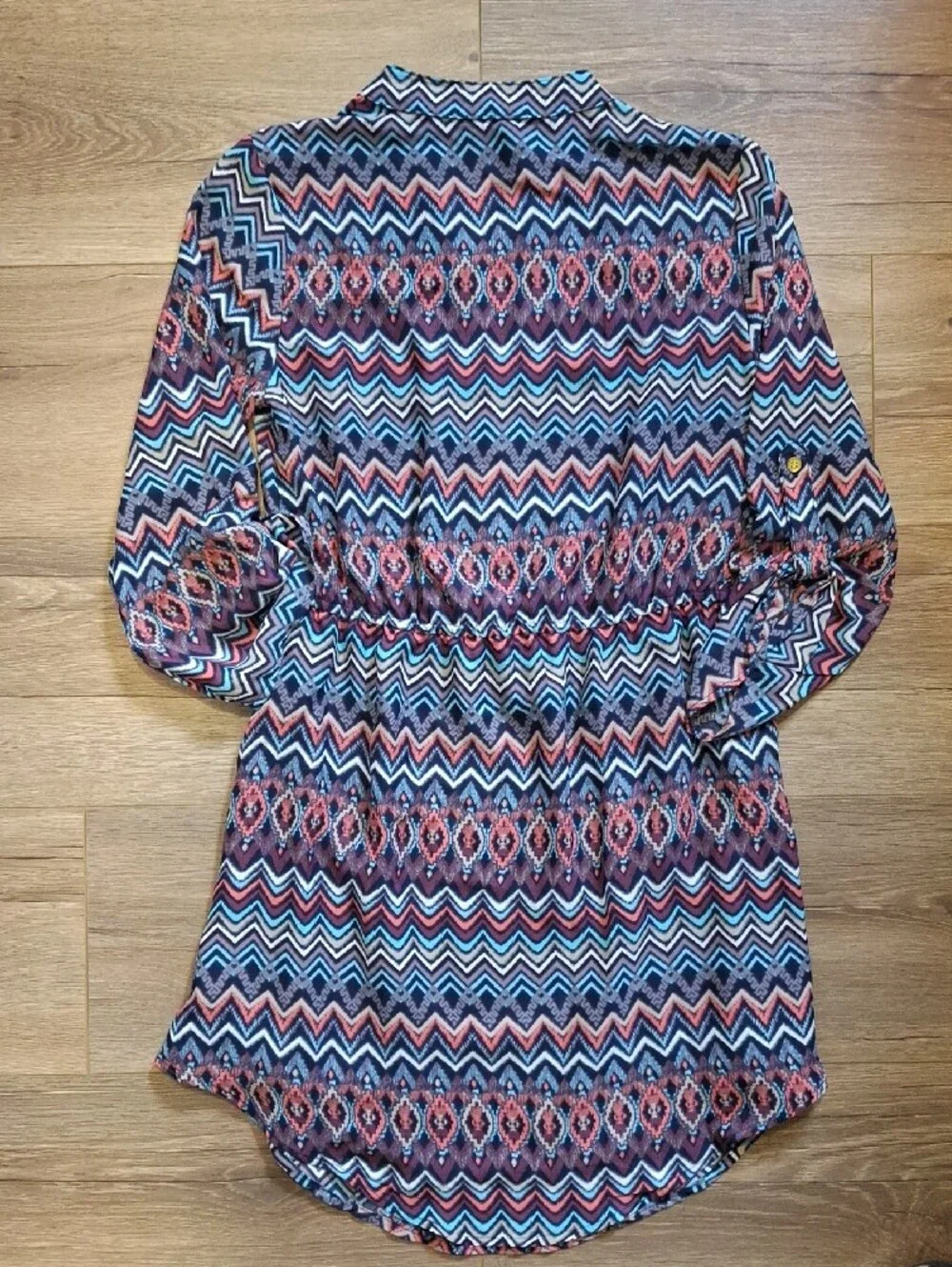 Justify Chevron Aztec Print Drawstring Shirt Dress - Navy, Coral, White